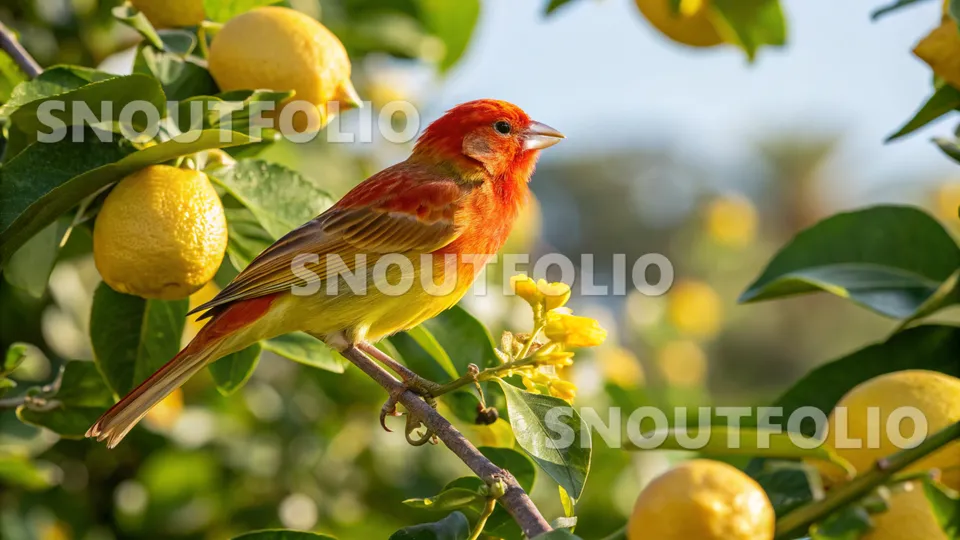 Playful Stride of the Ruby Mosaic Canary